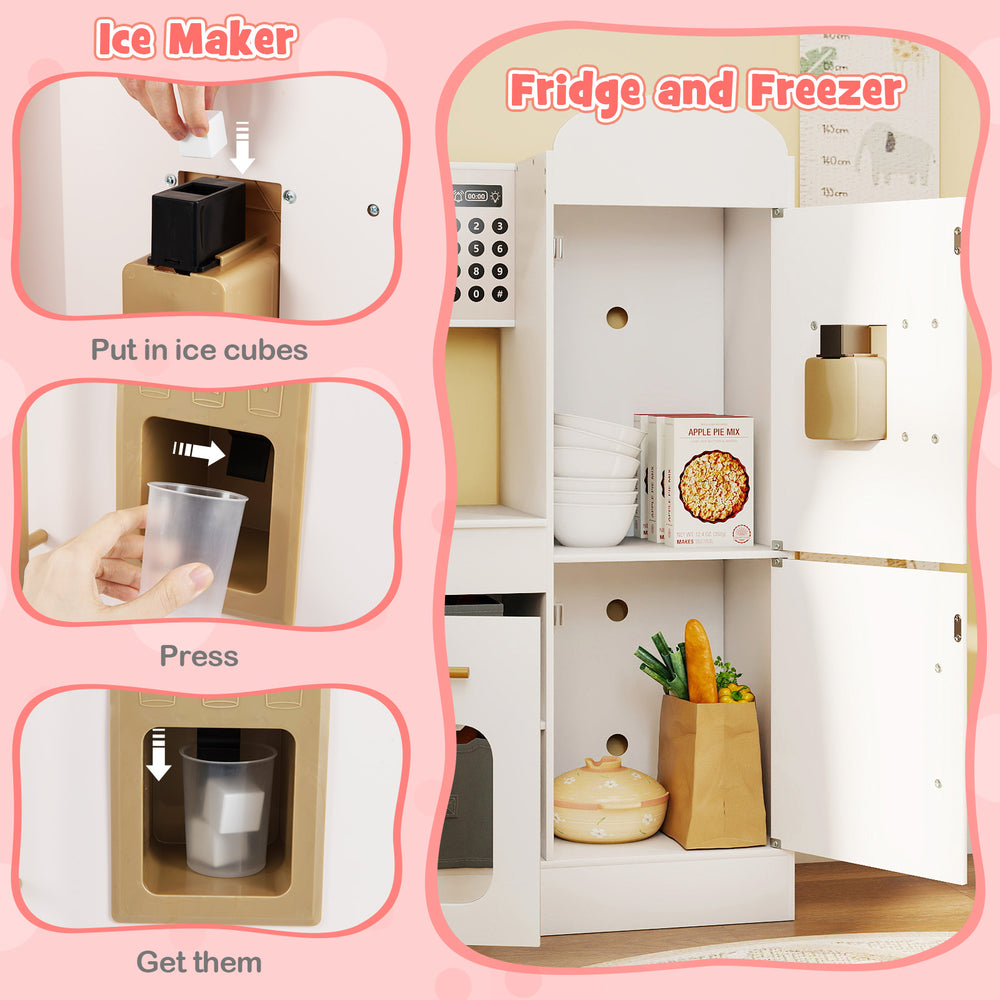 Fridge and freezer section of the white corner kitchen for kids, featuring an ice maker for added playtime fun.