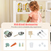 Kid-sized kitchen accessories including pots, utensils, and cups for enhanced imaginative play in the Corner Kitchen.