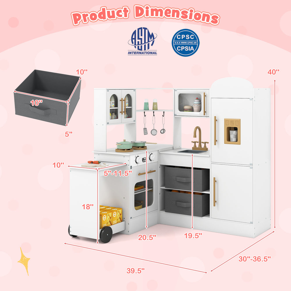 Corner kitchen playset for kids with lights and sounds, featuring a fridge, oven, and storage bins for imaginative play.