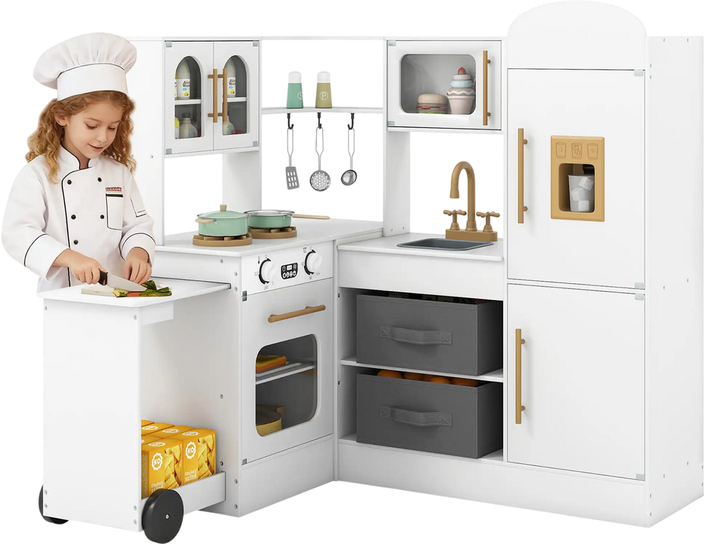 Kids' corner kitchen playset in white with lights and sounds, featuring a fridge, oven, and accessories for imaginative.