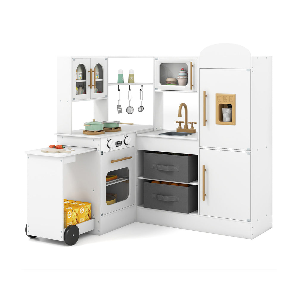 Corner kitchen playset for kids with lights and sounds, featuring a fridge, stove, and storage for imaginative play.