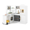 Corner kitchen playset for kids with lights and sounds, featuring a fridge, stove, and storage for imaginative play.