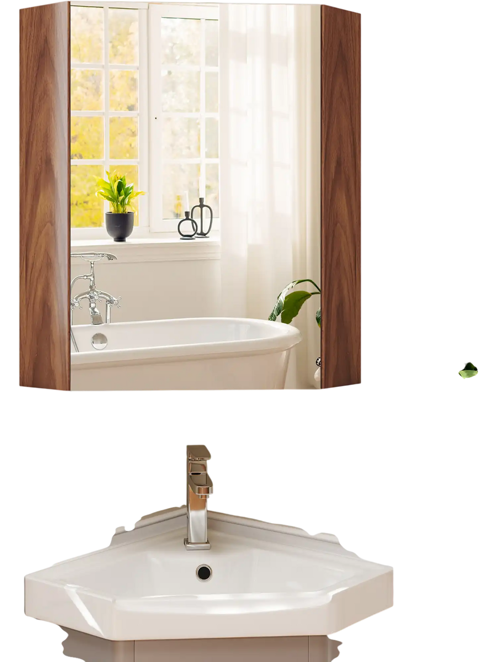 Corner medicine cabinet with mirror door, brown finish, adjustable shelf, ideal for small spaces and daily grooming.