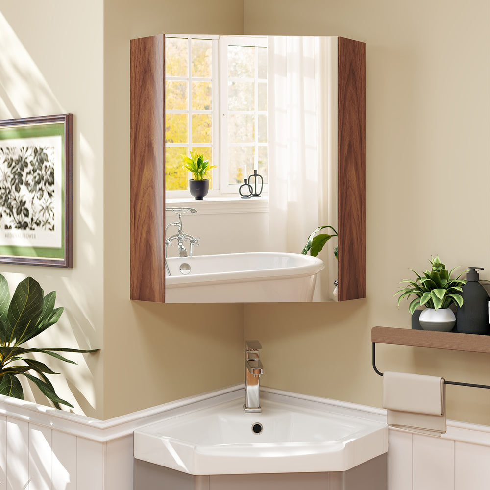 Corner Medicine Cabinet with Mirror with Open Mirror Door and Adjustable Shelf-Brown - Gallery View 1 of 10