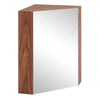 Corner medicine cabinet with mirror door in brown, featuring adjustable shelf and soft close hinges for compact storage.