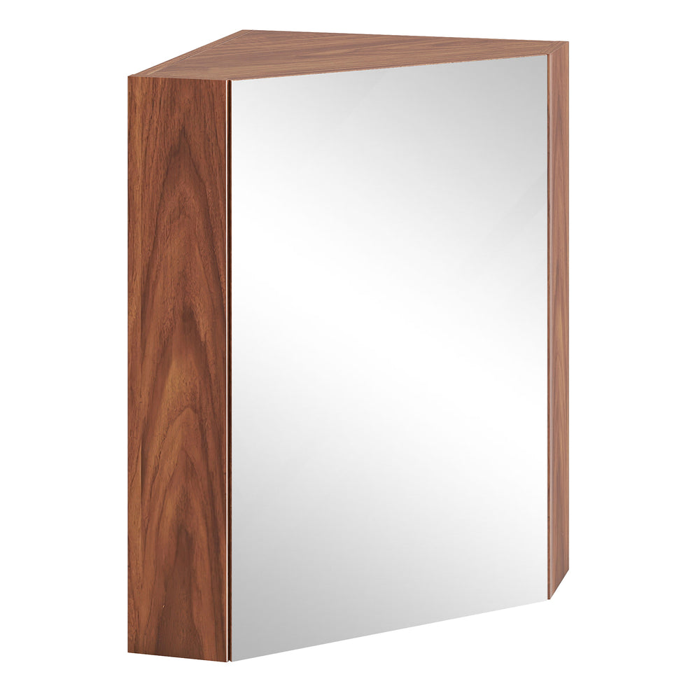 Corner medicine cabinet with mirror door in brown, featuring adjustable shelf and soft close hinges for compact storage.