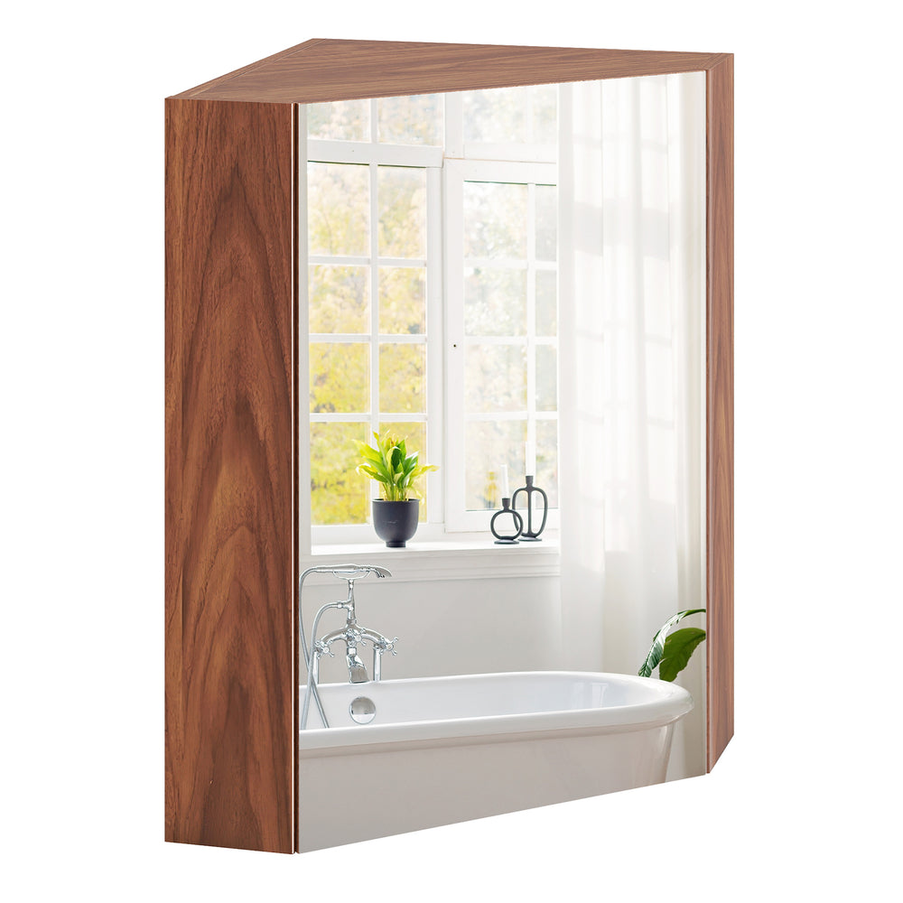 Corner medicine cabinet with mirror door in brown, featuring adjustable shelf and soft close hinges for efficient.