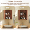 Corner medicine cabinet in brown with adjustable shelf and mirror door, shown with left and right opening options.
