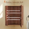 Corner medicine cabinet in brown with open mirror door and 5-position adjustable shelf for versatile storage.
