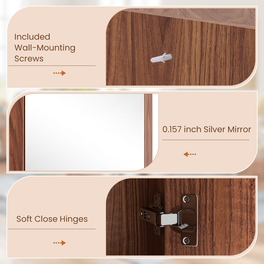 Corner medicine cabinet in brown featuring a mirror door, adjustable shelf, and soft close hinges for convenient.