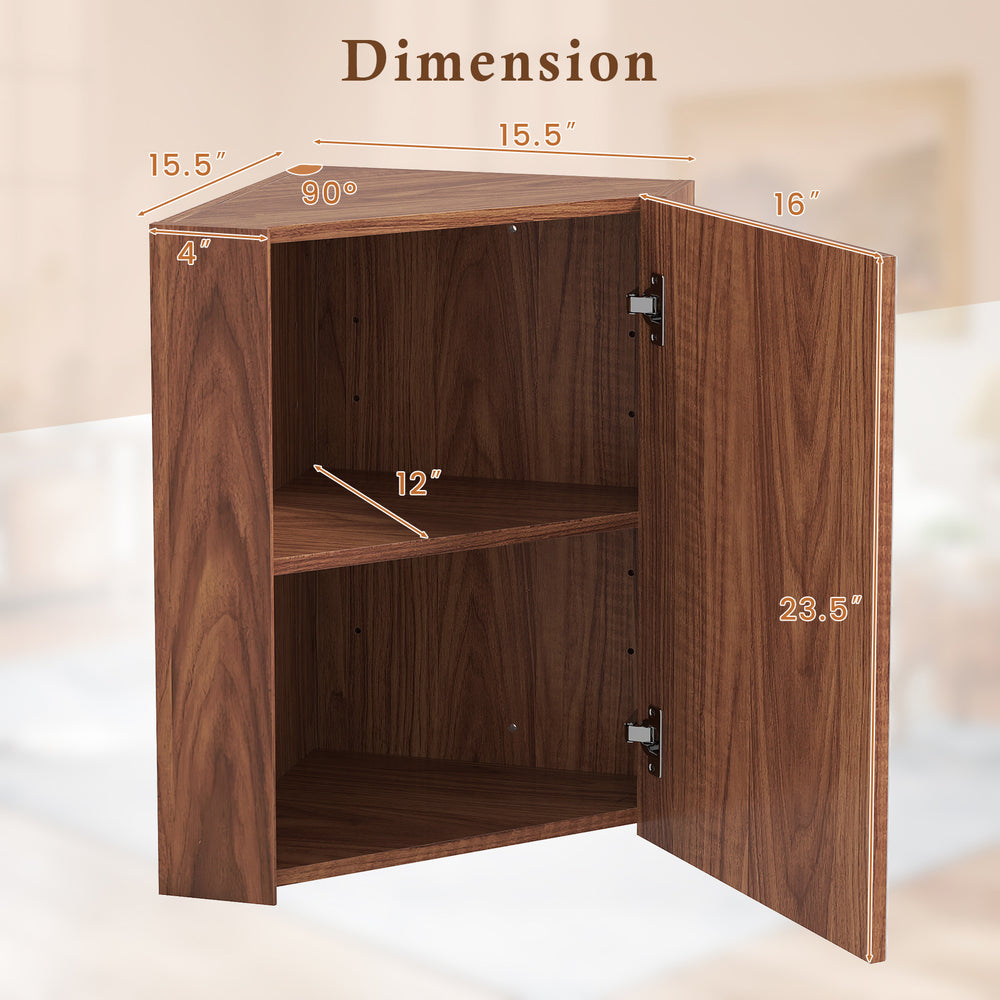 Corner medicine cabinet in brown with open mirror door, adjustable shelf, and dimensions for compact spaces.