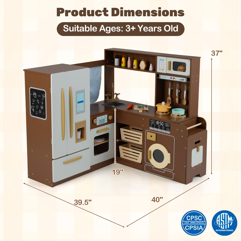 Brown corner play kitchen with lights, sounds, and accessories for interactive play, designed for kids aged 3 and up.