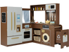 Corner play kitchen in brown with lights and sounds, featuring a fridge, stove, and washing machine for interactive fun.