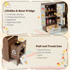 Double-door fridge with shelves and freezer, part of the Corner Play Kitchen for interactive play and organization.