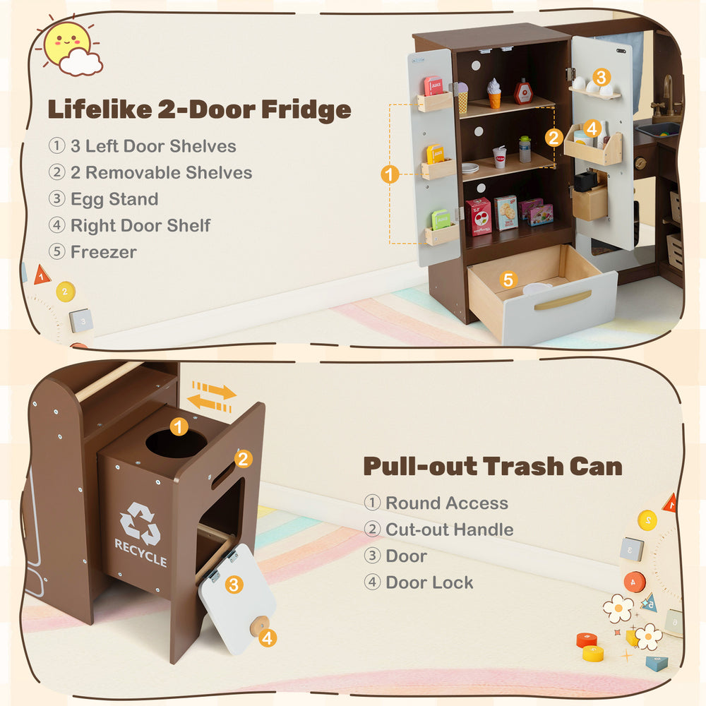 Double-door fridge with shelves and freezer, part of the Corner Play Kitchen for interactive play and organization.