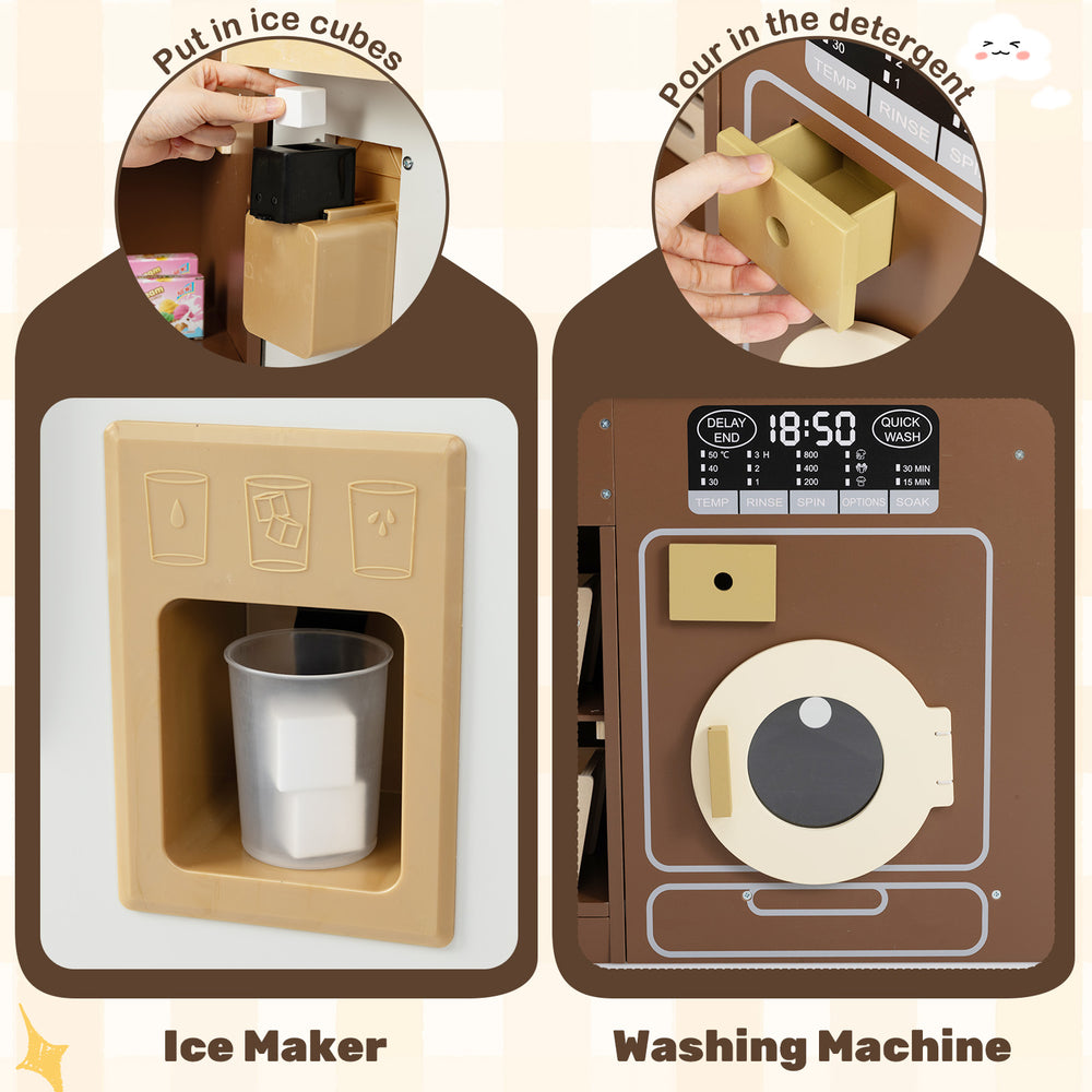 Ice maker and washing machine features of the Corner Play Kitchen, promoting imaginative play for ages 3+.