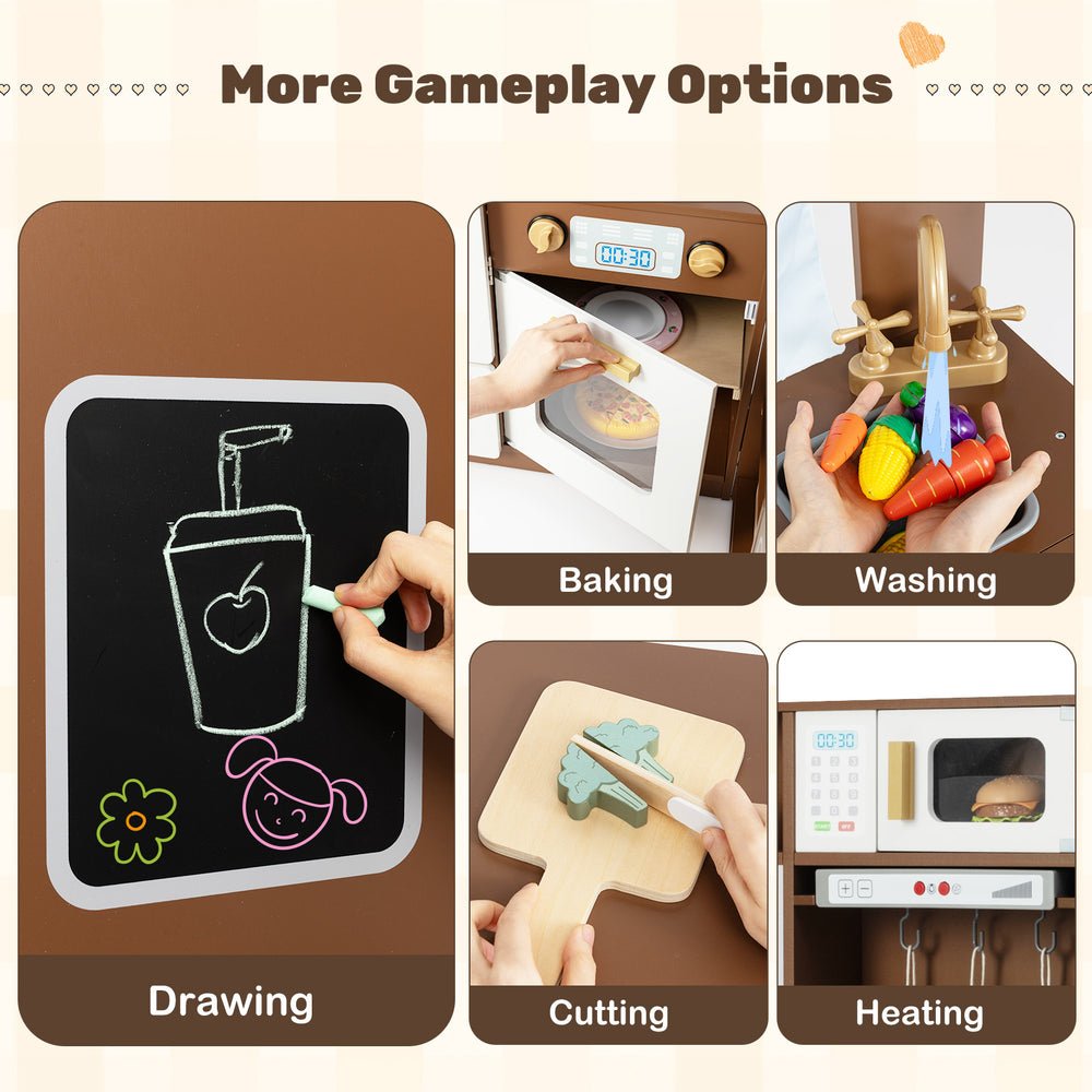 Corner play kitchen features a chalkboard, microwave, and washing machine for interactive play and creativity.