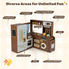 Corner play kitchen in brown with lights, sounds, and accessories for interactive cooking fun for ages 3+.