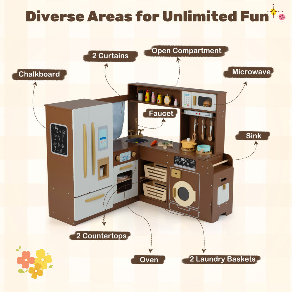 Corner play kitchen in brown with lights, sounds, and accessories for interactive cooking fun for ages 3+.