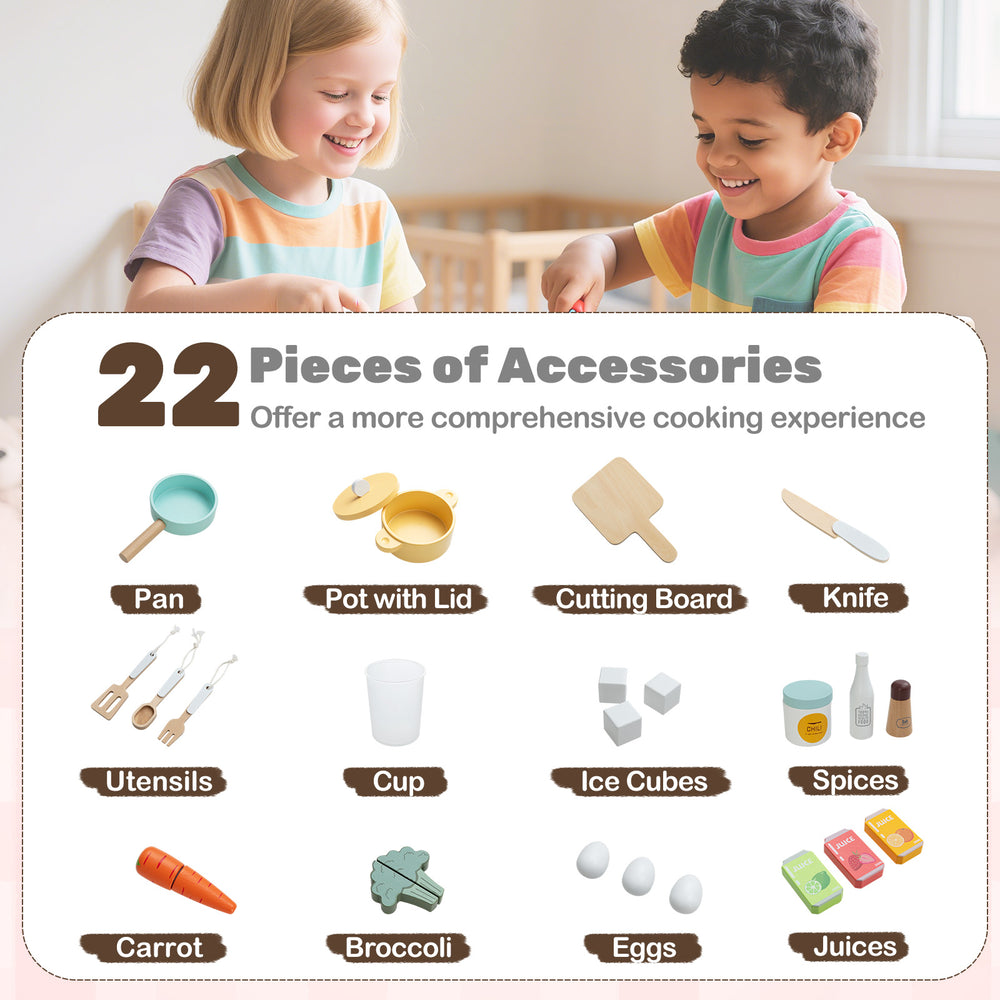 22-piece accessory set for the Corner Play Kitchen, including utensils, food items, and cooking tools for imaginative.