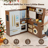 Corner play kitchen in brown with lights and sounds, featuring a fridge, stove, and accessories for imaginative play.