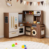 Brown corner play kitchen with lights and sounds, featuring a fridge, stove, sink, and accessories for interactive play.
