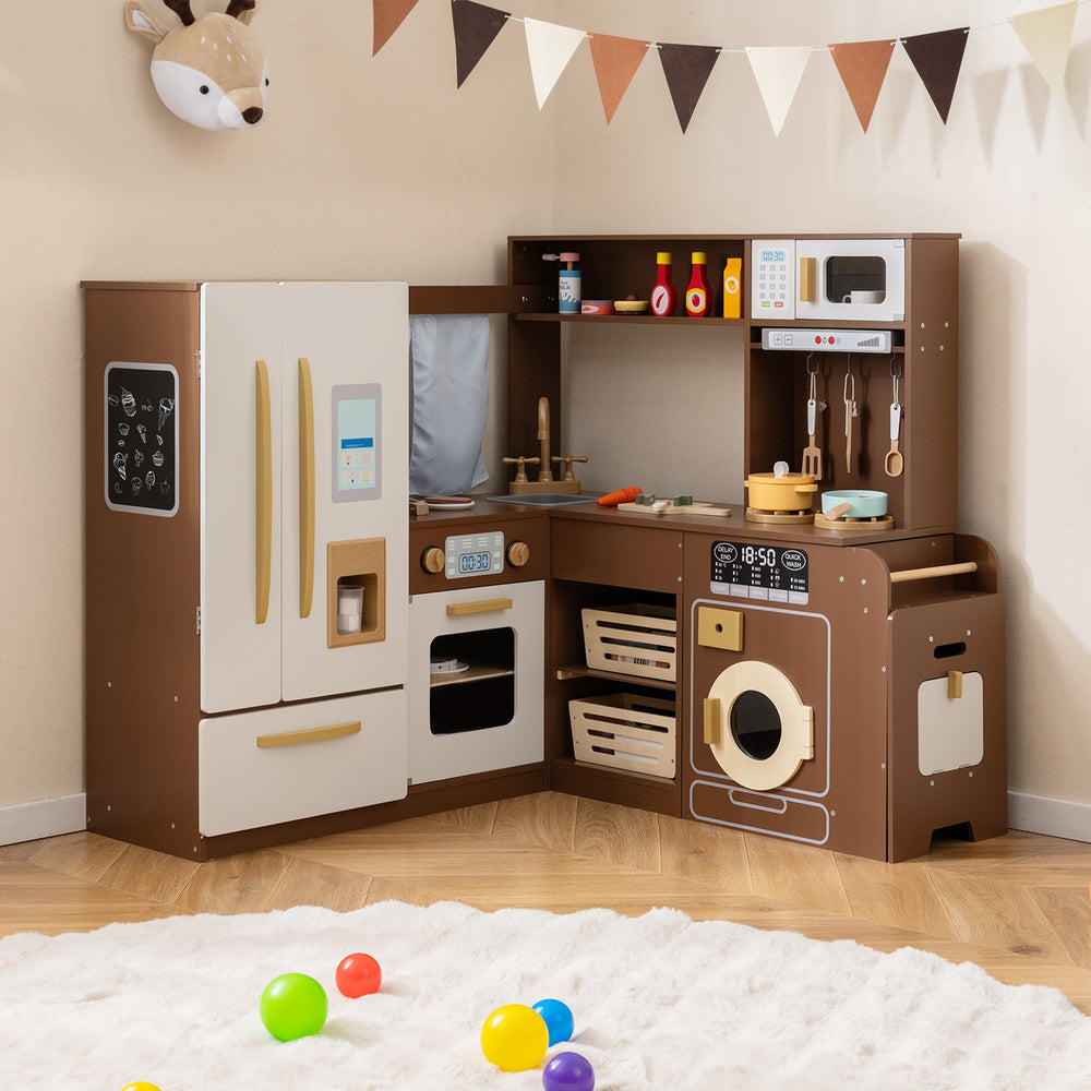 Corner Play Kitchen with Lights and Sounds for Ages 3+-Brown - Gallery View 1 of 11