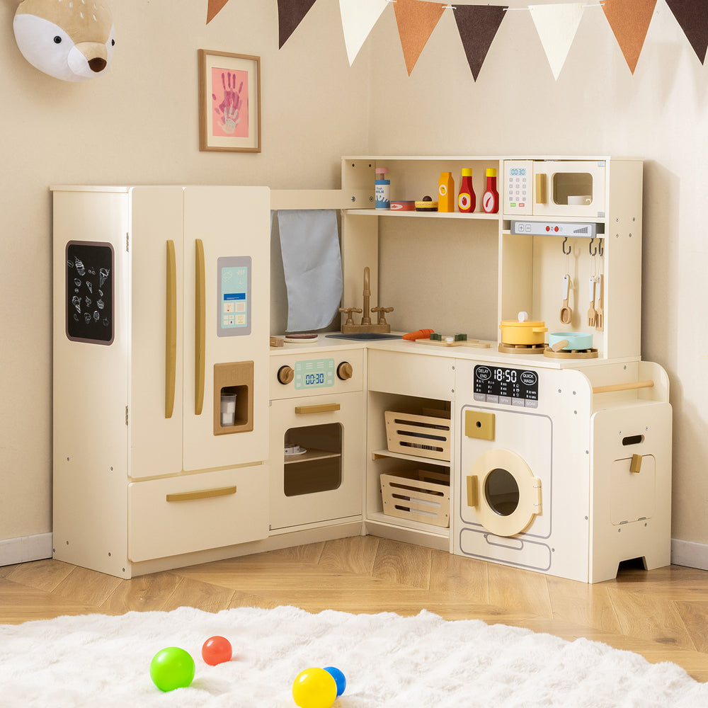 Corner Play Kitchen with Lights and Sounds for Ages 3+-Beige - Gallery View 1 of 11