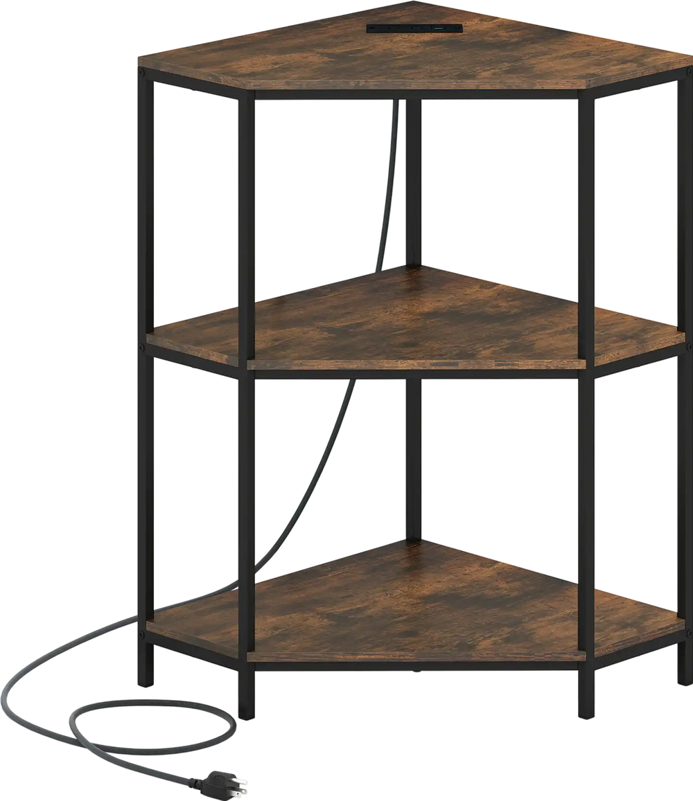 Corner printer stand with rustic brown shelves and metal frame, featuring a built-in charging station for home office.
