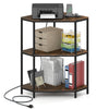 Corner printer stand with rustic brown shelves and metal frame, featuring a built-in power strip for home office use.