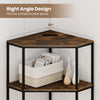 3-tier corner printer stand in rustic brown with metal frame, featuring a right angle design for space-saving storage.
