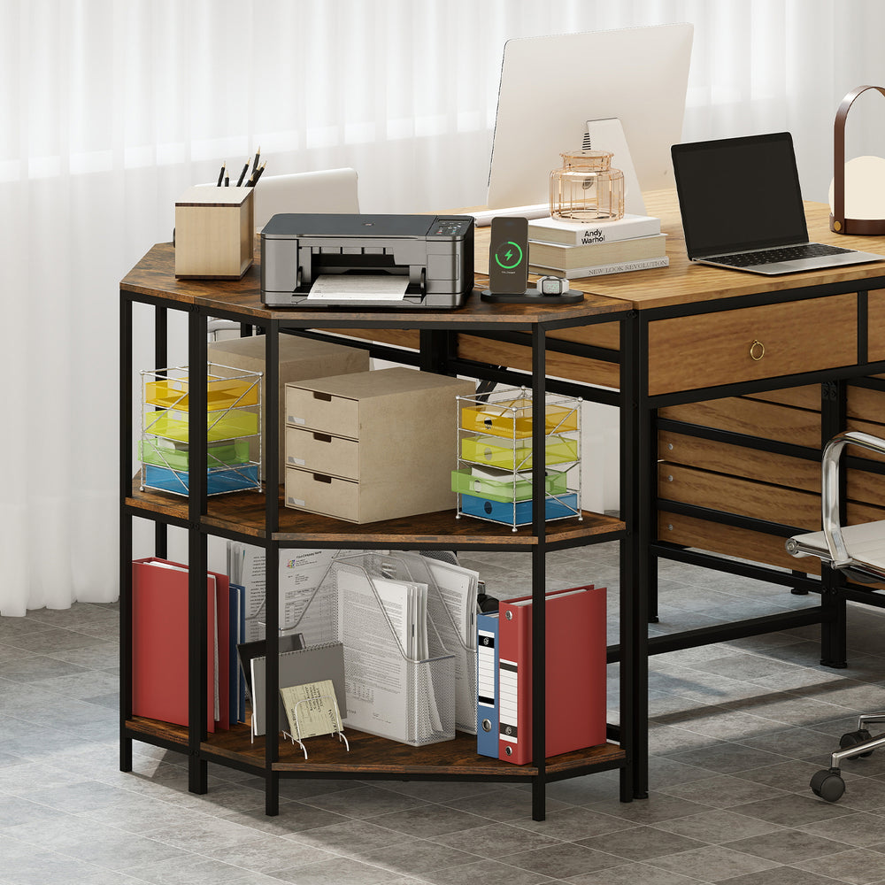 3-tier corner printer stand in rustic brown with metal frame, featuring a built-in power strip for home office.