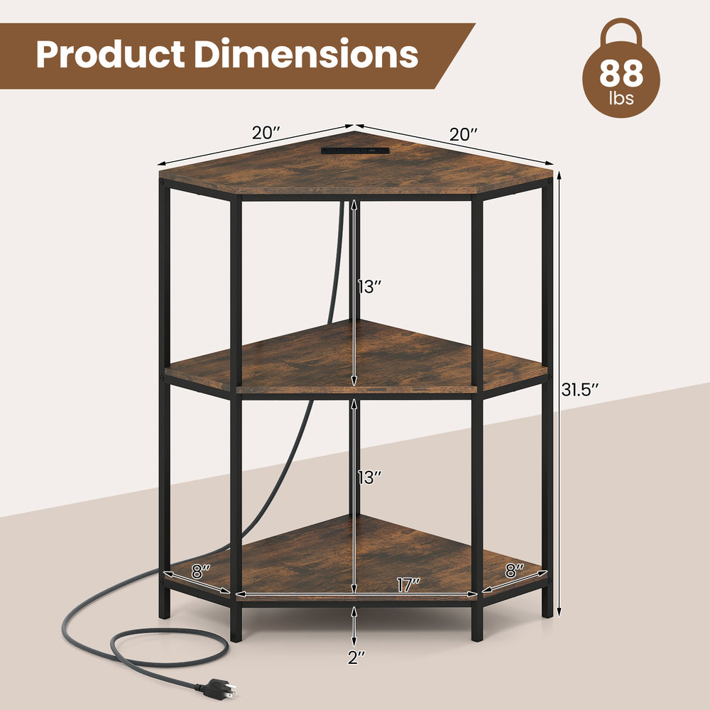 3-tier corner printer stand with rustic brown finish, metal frame, and built-in charging station for efficient.