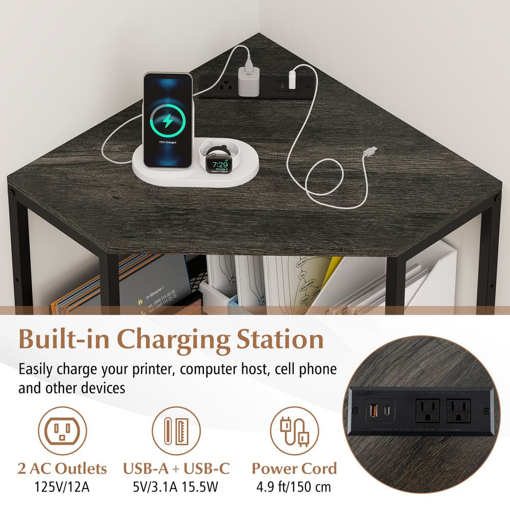 Corner printer stand featuring a built-in charging station with 2 AC outlets and USB ports for convenient device.