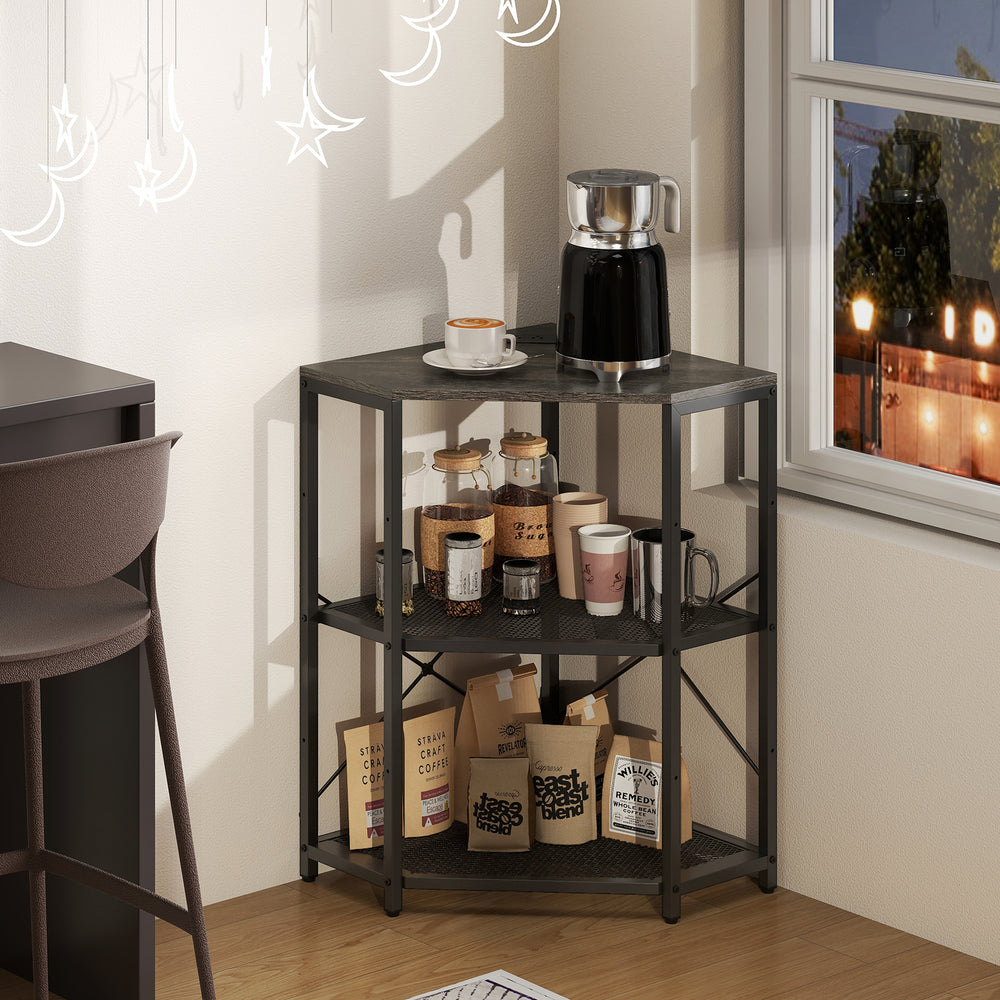 Corner printer stand with 3-tier black metal mesh shelves and power outlet, ideal for maximizing office space.