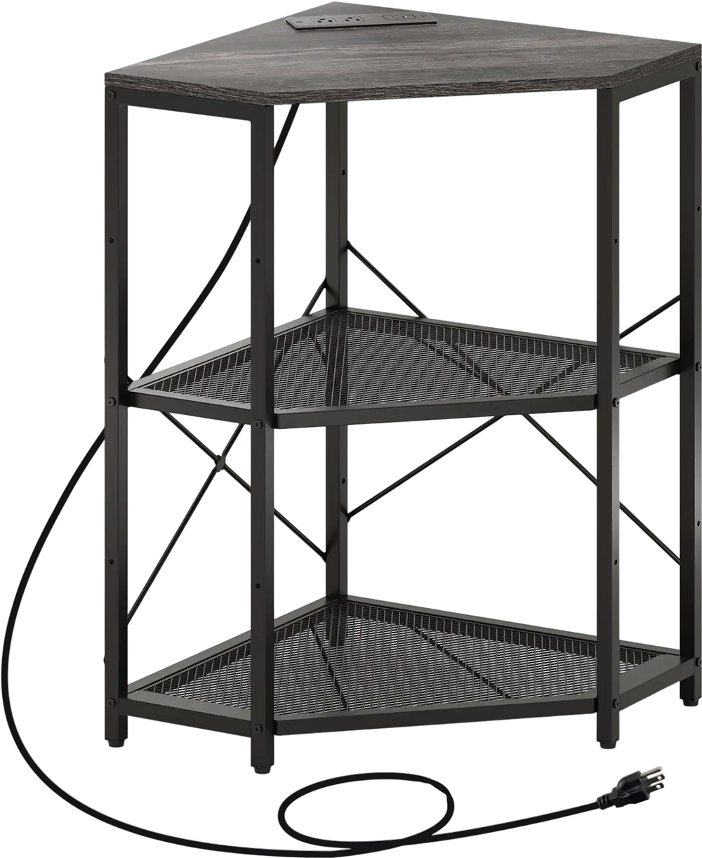 Corner printer stand with black metal frame, 3-tier adjustable shelves, and power outlet for efficient office.
