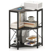 Corner printer stand featuring a black metal frame, 3-tier storage, and power outlet for convenient office organization.