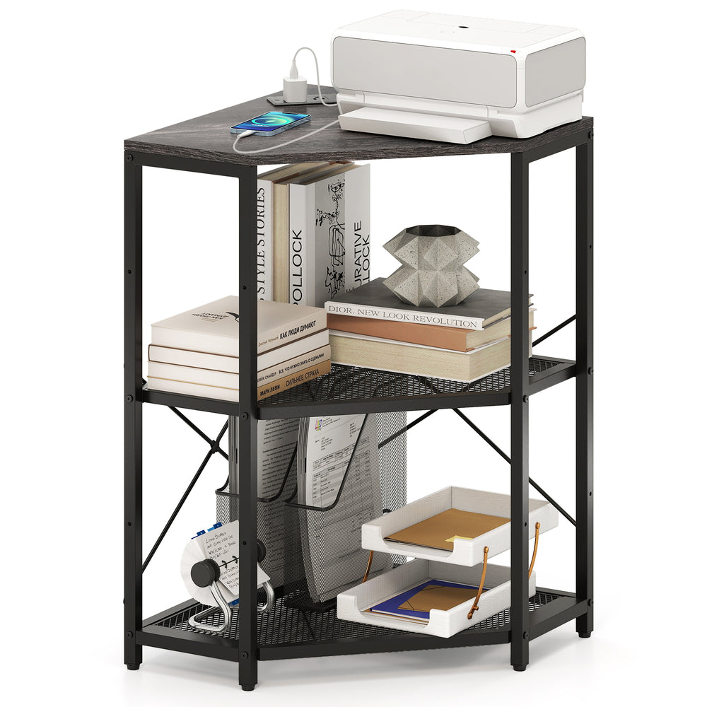 Corner printer stand featuring a black metal frame, 3-tier storage, and power outlet for convenient office organization.