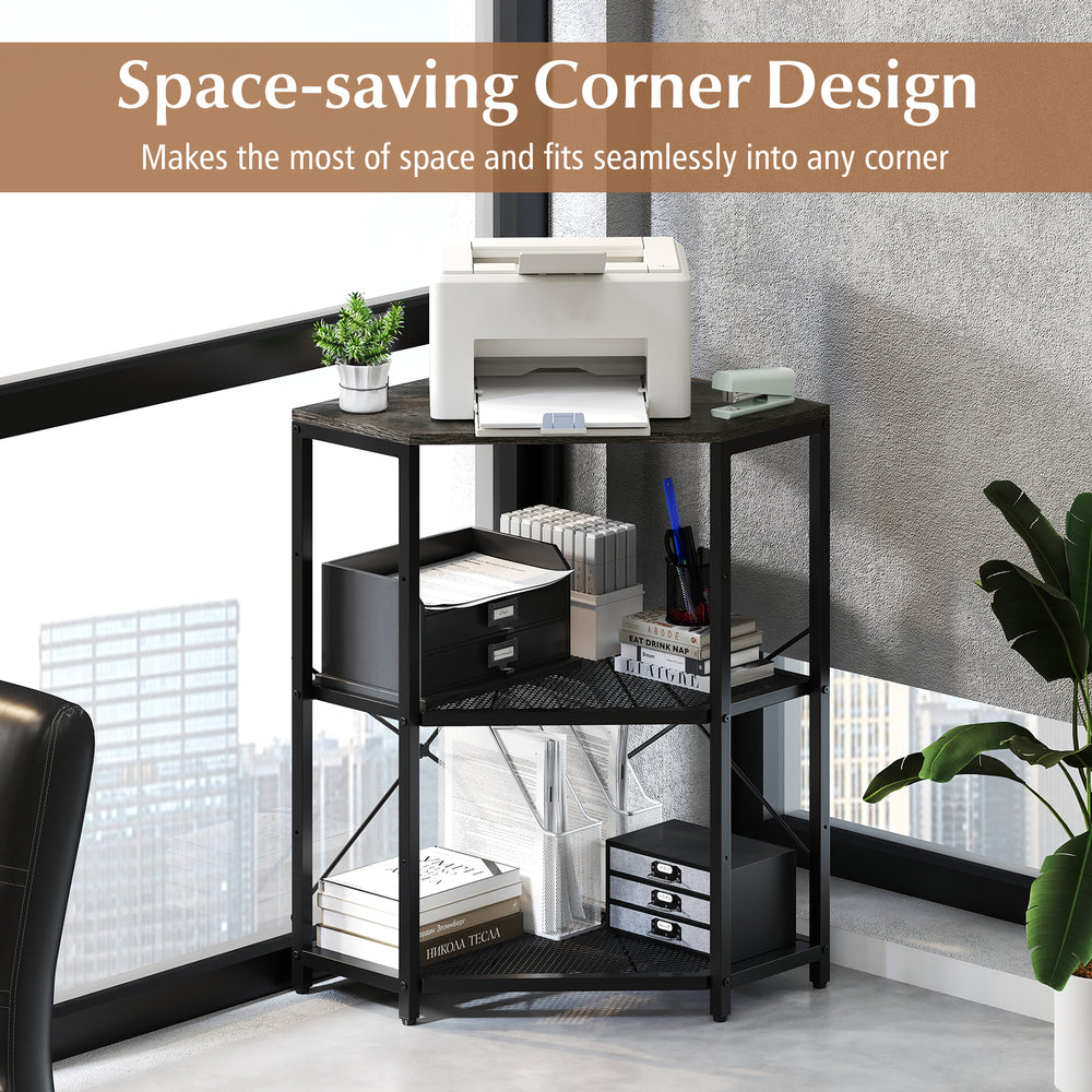 Corner printer stand with 3-tier storage, black metal mesh shelves, and power outlet for efficient office organization.