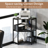 Corner printer stand with 3-tier storage, black metal mesh shelves, and power outlet for efficient office organization.