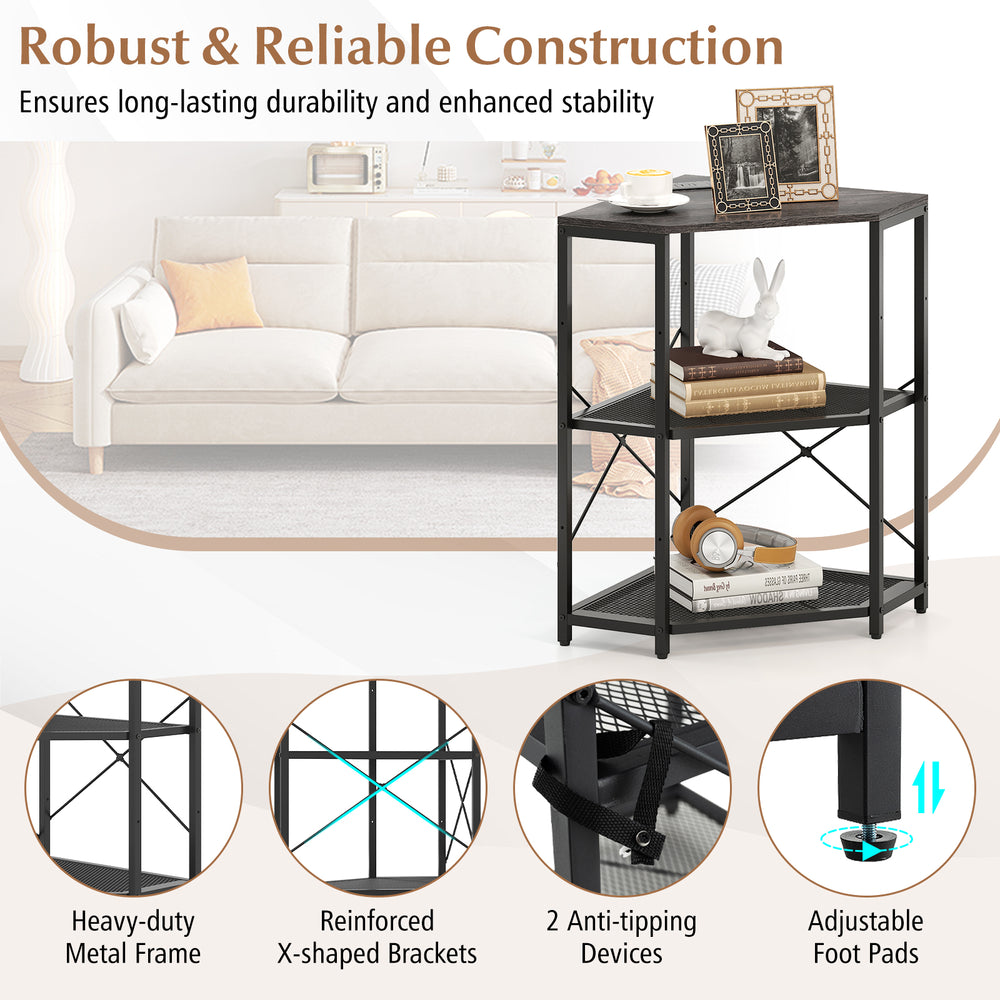 Corner printer stand with adjustable shelves, black metal frame, power outlet, and anti-tipping features for office use.