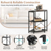 Corner printer stand with adjustable shelves, black metal frame, power outlet, and anti-tipping features for office use.