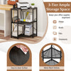 Corner printer stand with 3-tier black metal mesh shelves, power outlet, and adjustable storage for office supplies.
