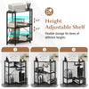Corner printer stand with adjustable shelves, black metal frame, and power outlet for efficient office storage.