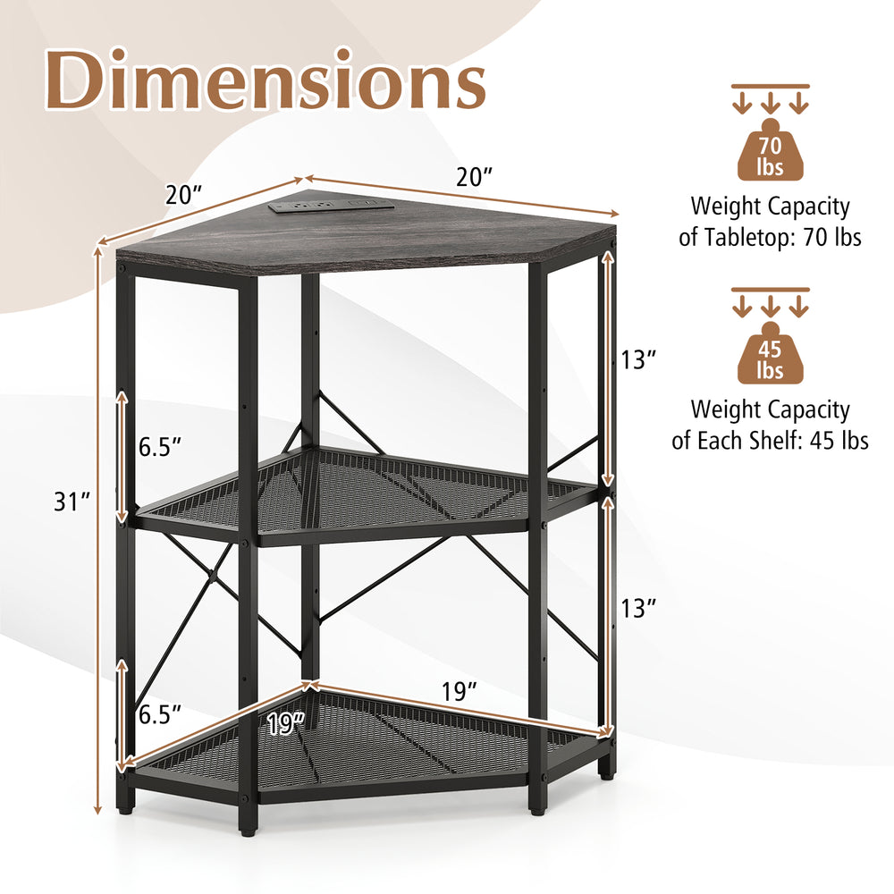 Corner printer stand with black metal frame, 3-tier adjustable shelves, and power outlet for efficient office storage.