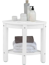 White heavy-duty corner shower bench stool with storage shelf, made of waterproof HDPE, ideal for bathroom use.