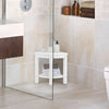 Heavy-duty white corner shower bench stool with storage shelf, made of waterproof HDPE, ideal for bathroom use.