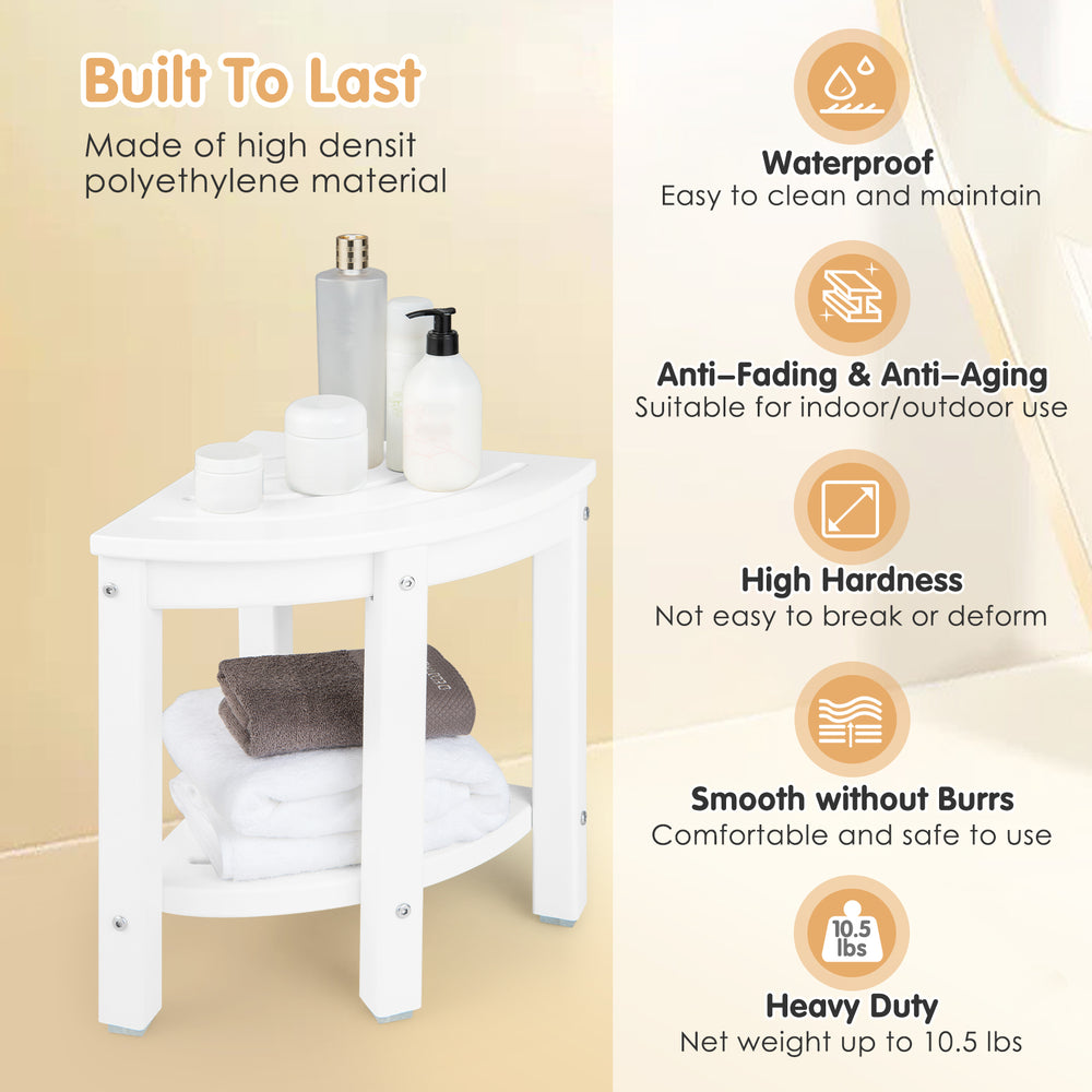 Heavy duty corner shower bench stool in white, made of waterproof HDPE, perfect for indoor and outdoor use with storage.