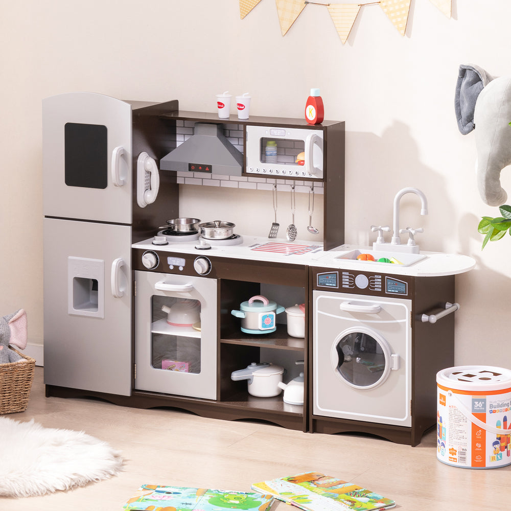 Corner toy kitchen set in dark brown with interactive lights and sounds, featuring realistic appliances for imaginative.