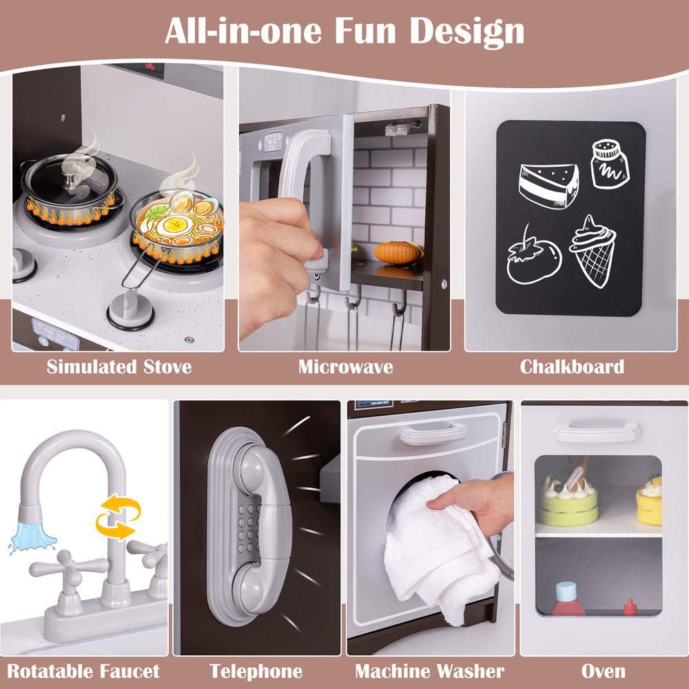 Interactive dark brown corner toy kitchen set featuring a stove, microwave, and removable sink for imaginative play.